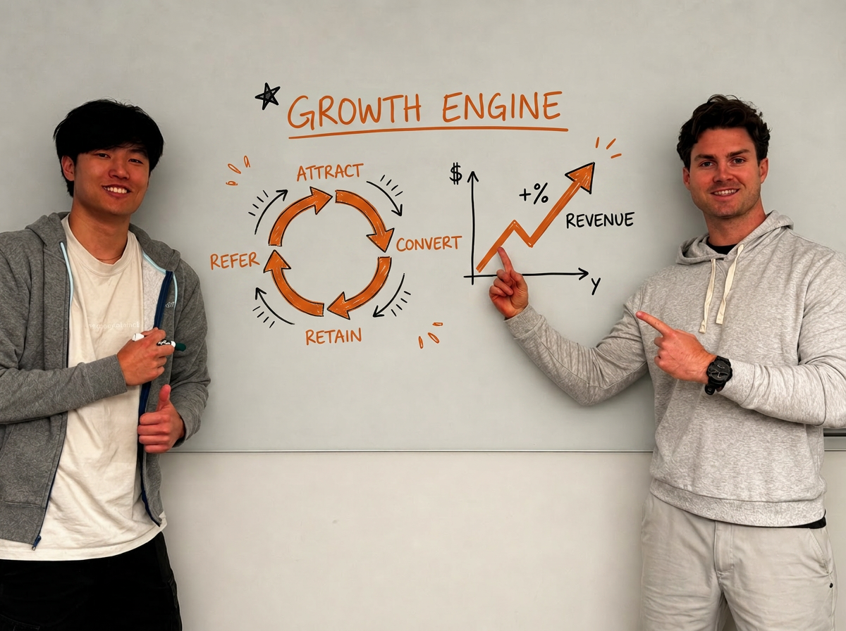 Brew co-founders Thomas and Philip at a whiteboard showing a growth engine flywheel: Attract, Convert, Retain, Refer